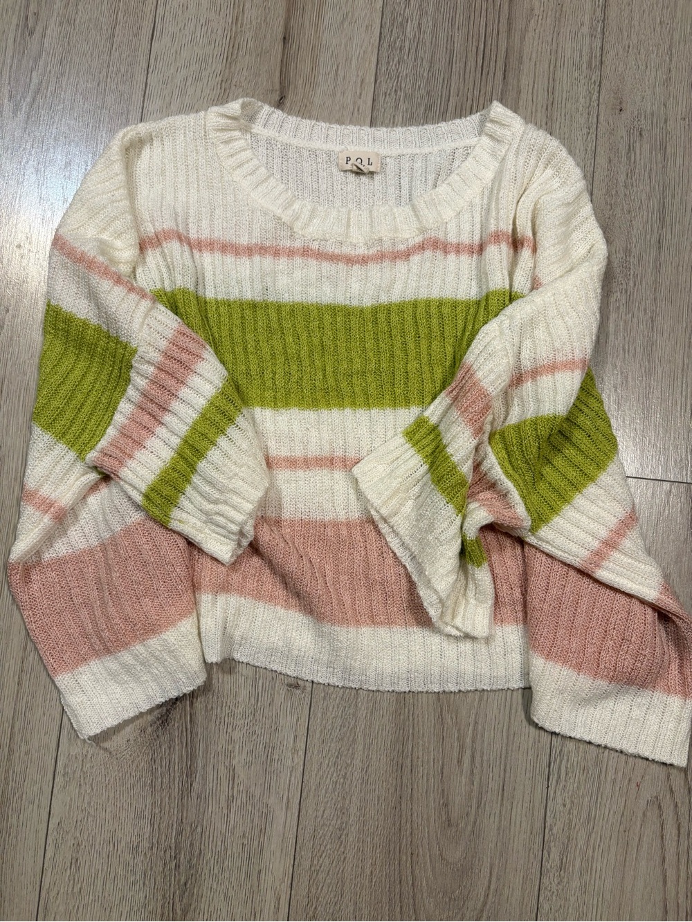P O L Size Medium Relaxed Oversized Striped Crewneck Sweater Cream, Pink & Green